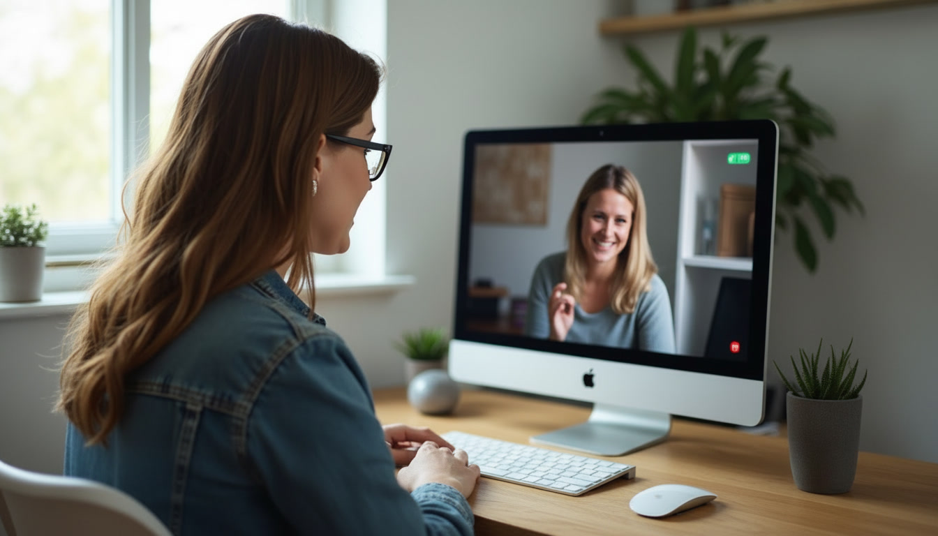 Vrouw in een videogesprek met haar dibbi-coach, werkend aan haar eigen bureau in zacht raamlicht