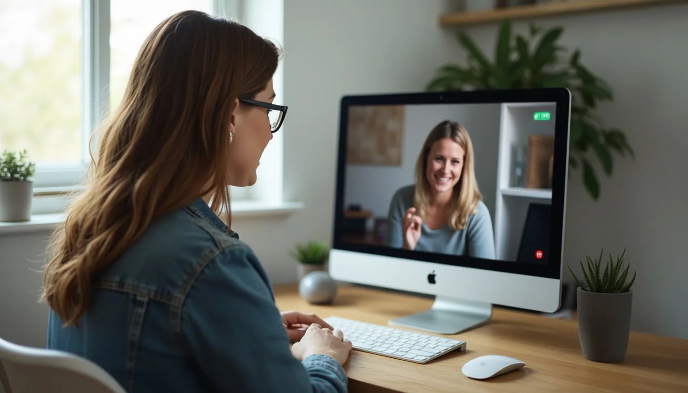 Vrouw in een videogesprek met haar dibbi-coach, werkend aan haar eigen bureau in zacht raamlicht