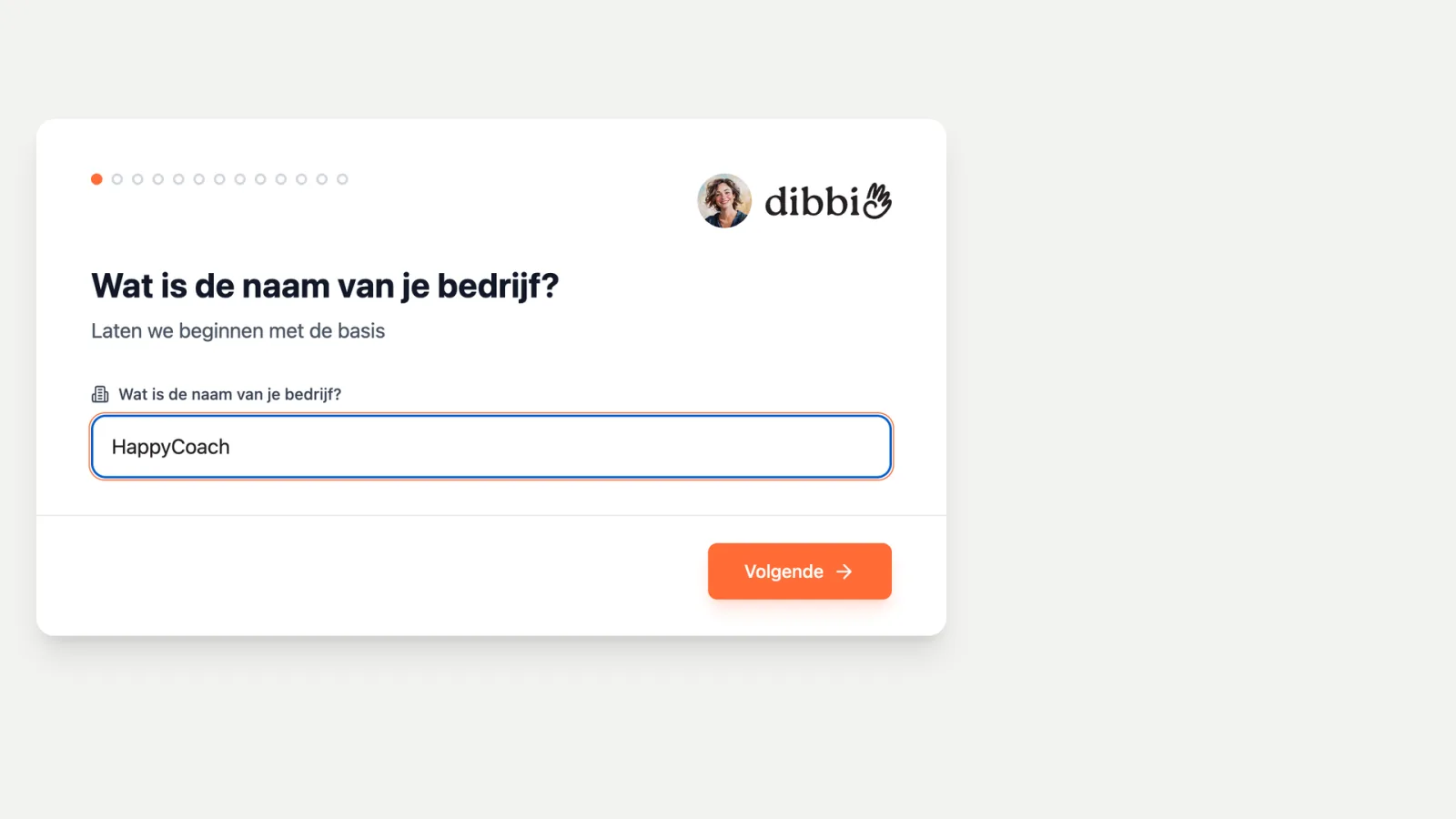 Eerste onboardingvraag in dibbi: de naam van je bedrijf