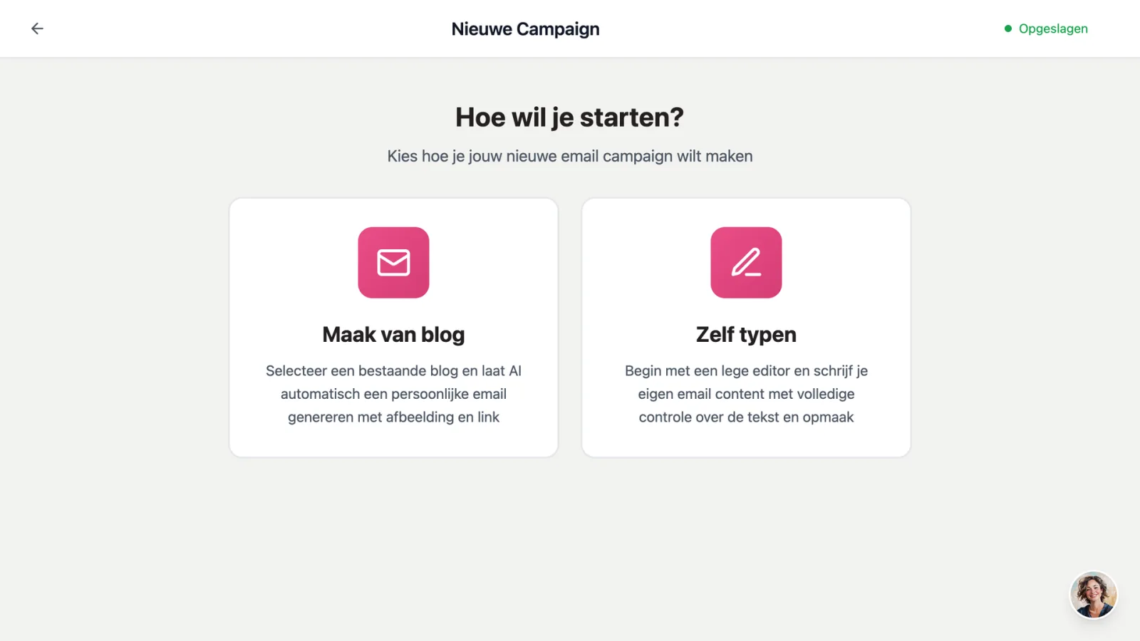 Keuzescherm voor een nieuwe e-mailcampagne in dibbi