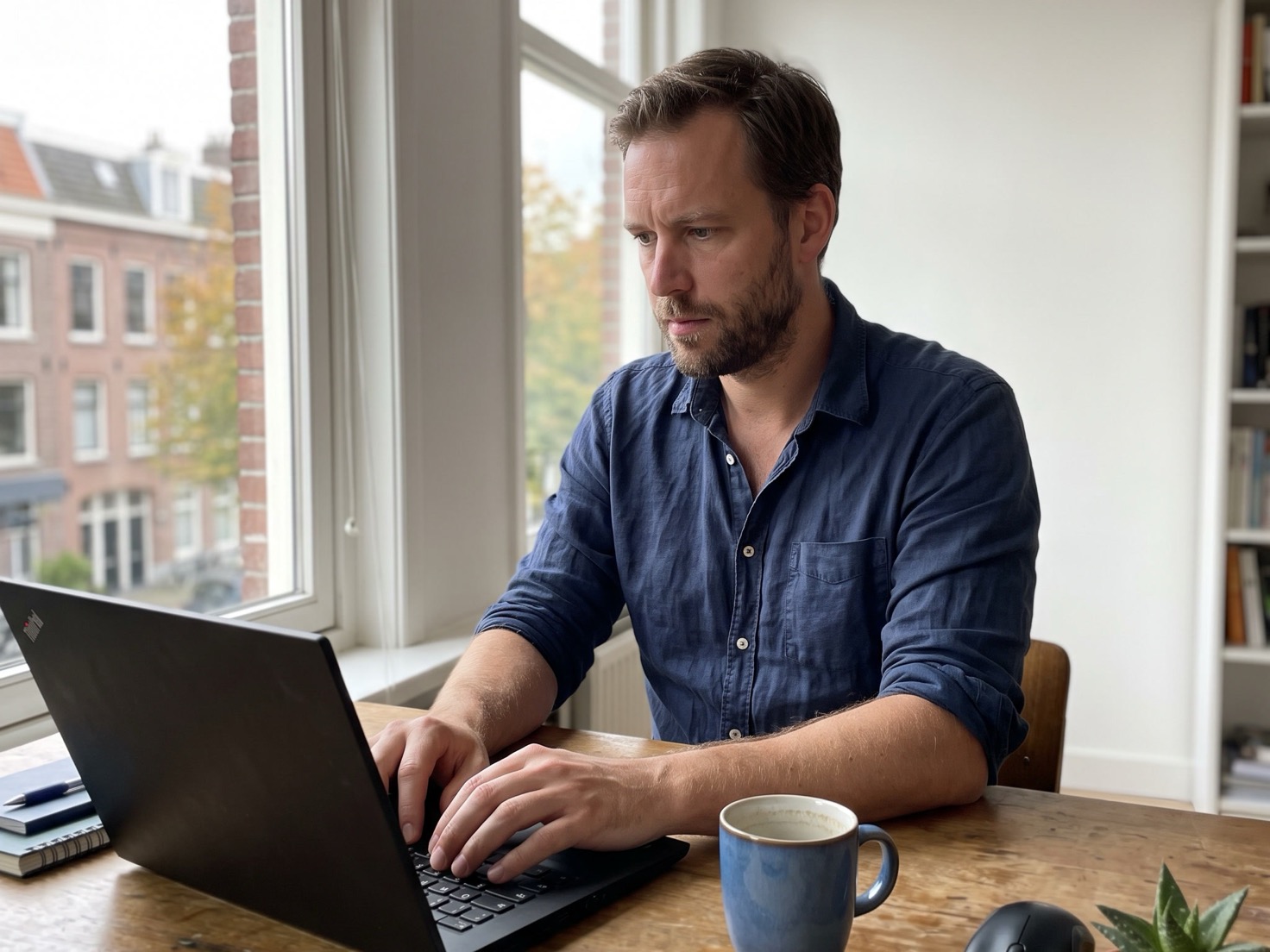 Man werkt geconcentreerd aan zijn laptop bij het raam, met een mok koffie binnen handbereik