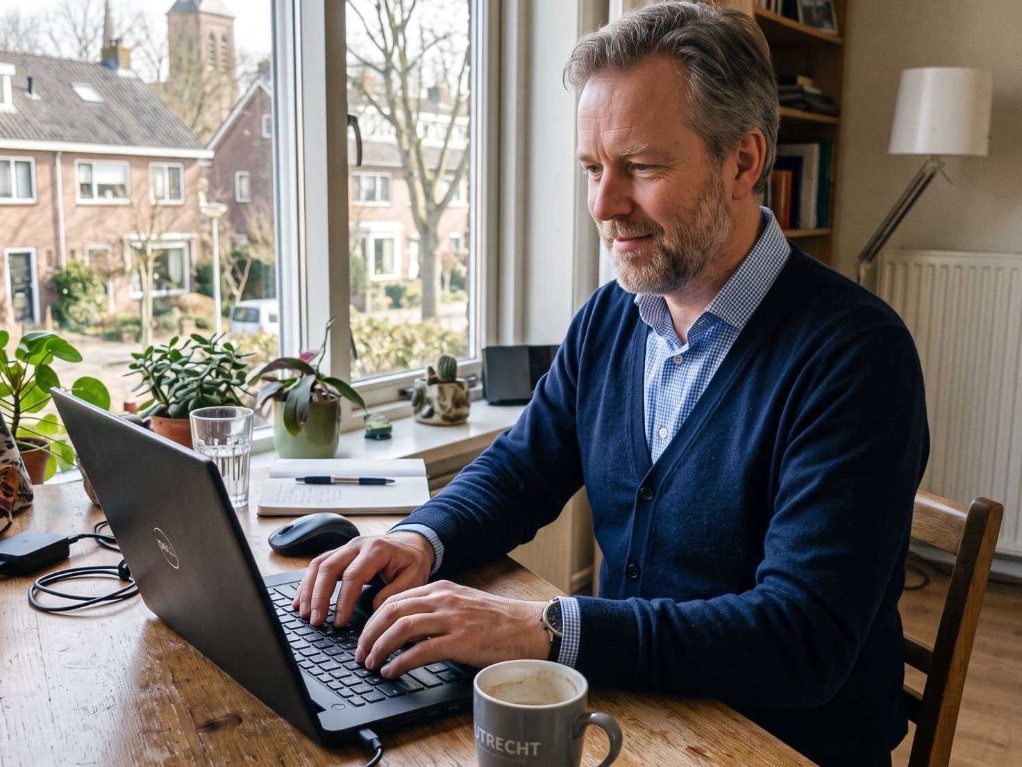 Zelfstandig ondernemer werkt geconcentreerd achter zijn laptop aan een bericht voor een vaste klant