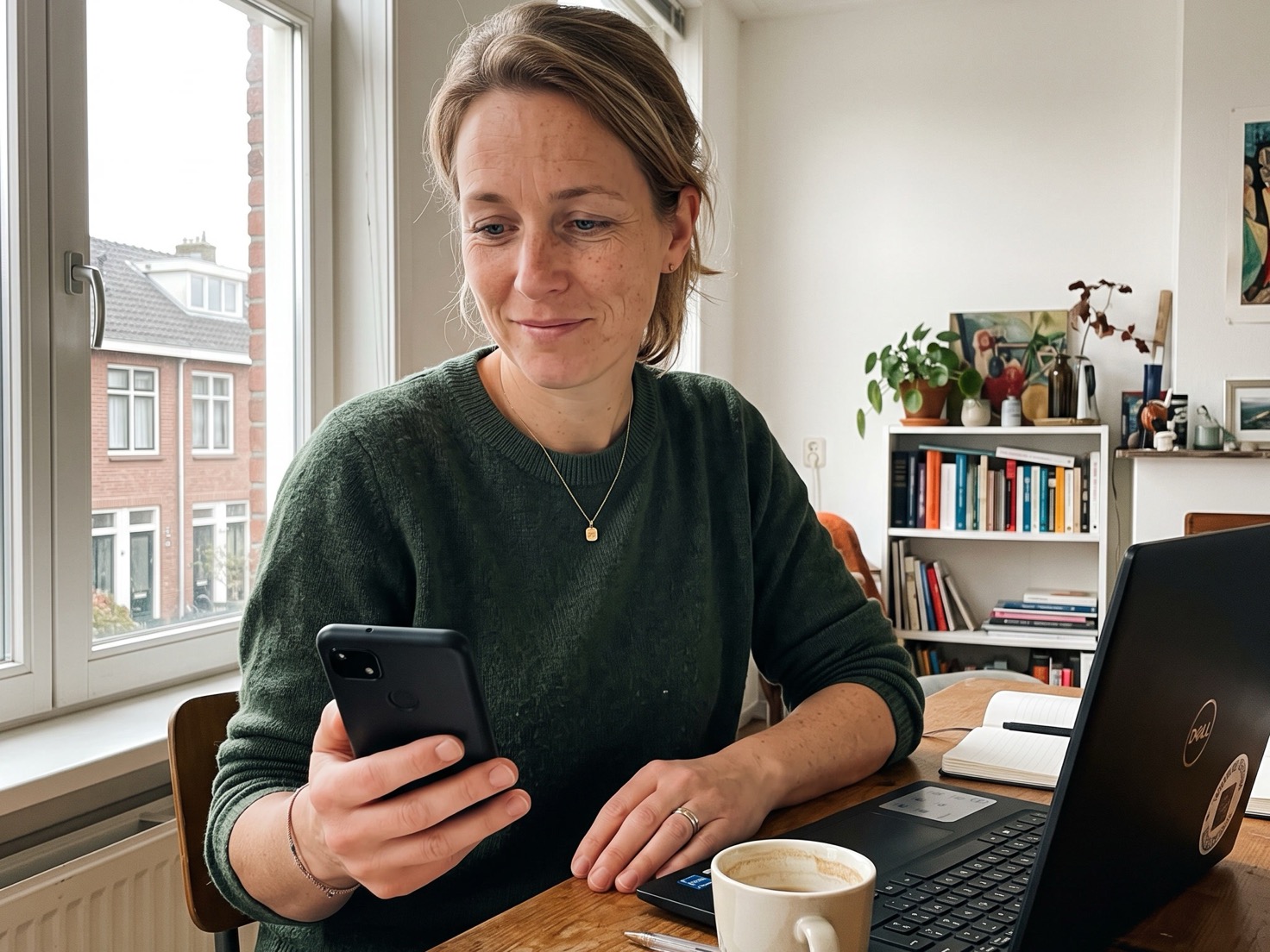 Vrouw kijkt op haar telefoon aan haar bureau thuis