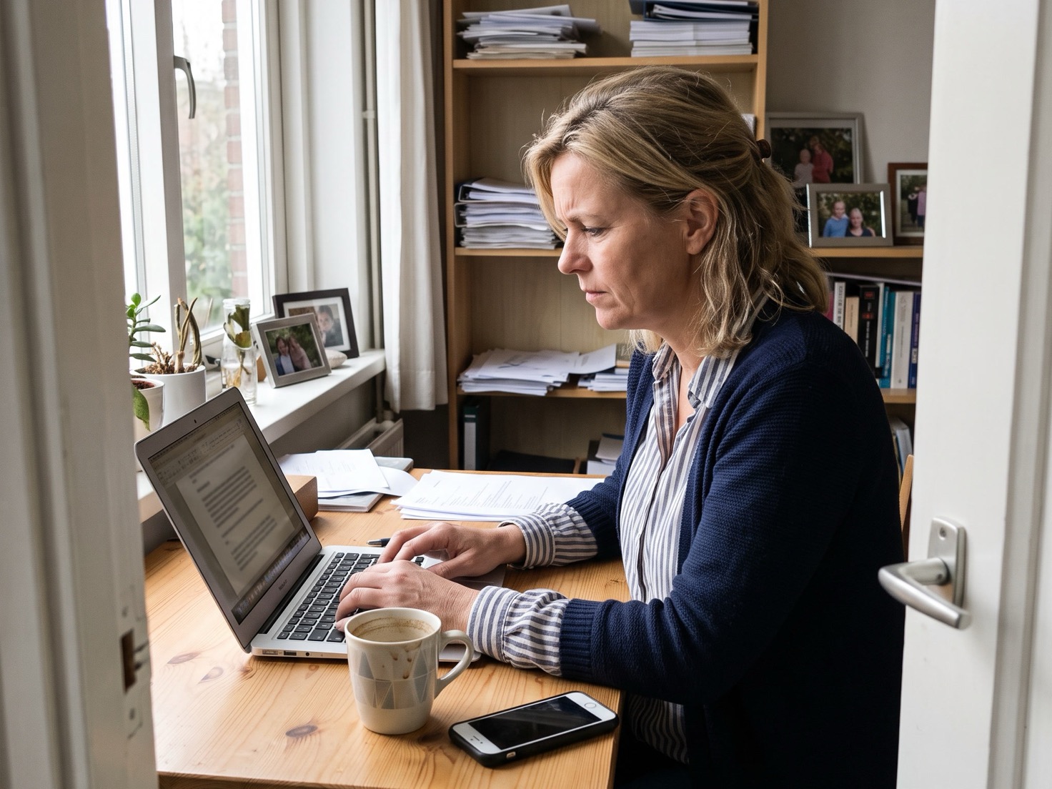 Zelfstandig ondernemer checkt achter haar laptop of een AI-assistent haar bedrijfsnaam goed vermeldt