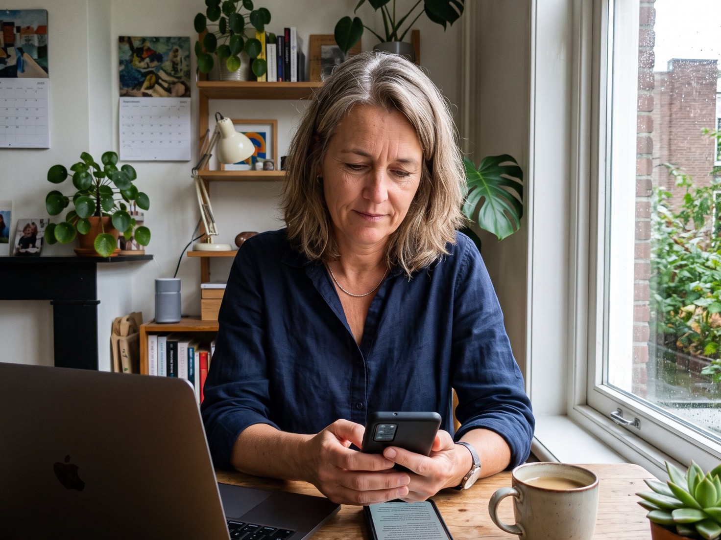 Zzp'er leest iets rustig op haar telefoon aan haar werktafel thuis