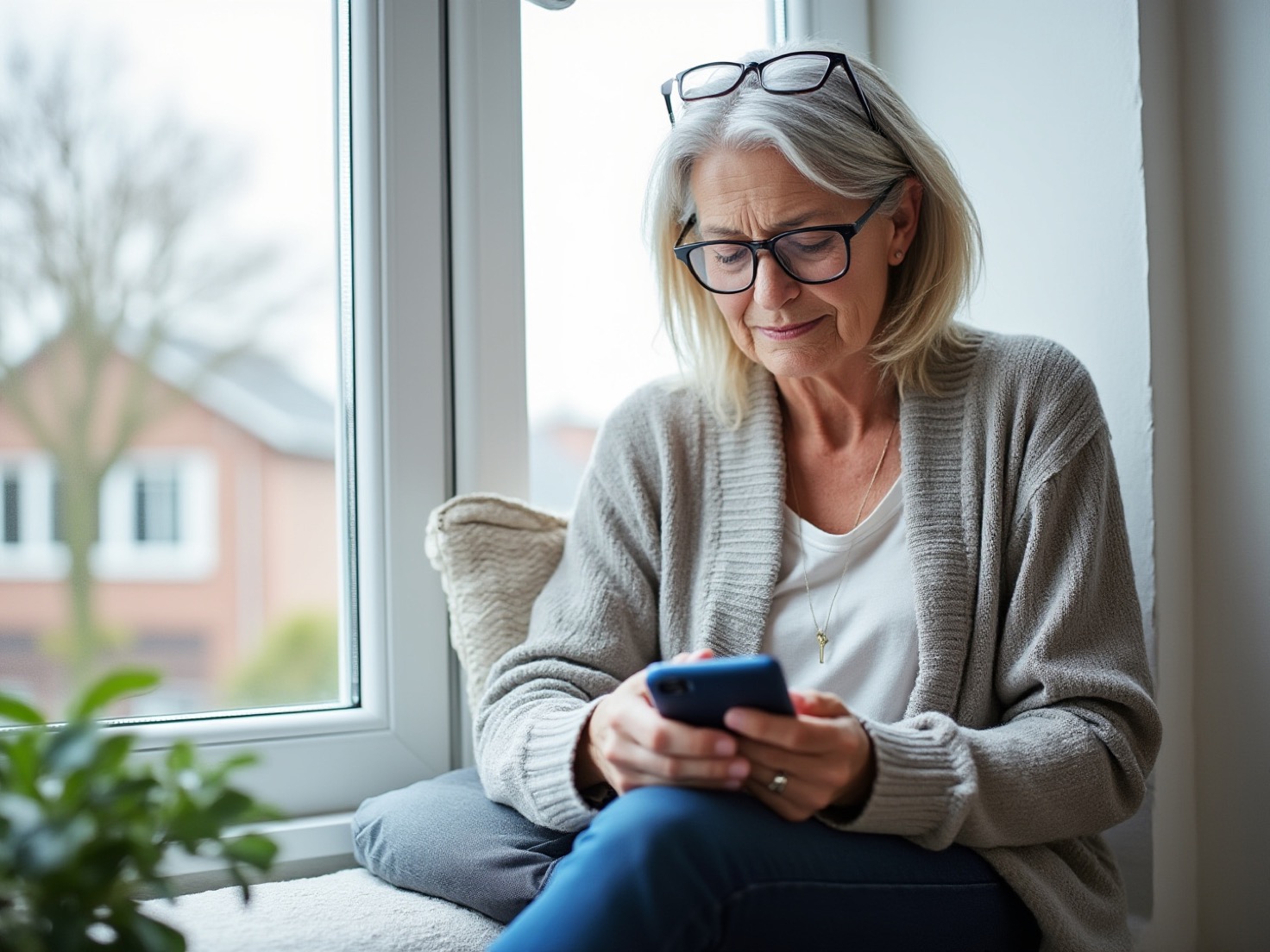 Vrouw van rond de vijftig kijkt geconcentreerd op haar telefoon bij het raam