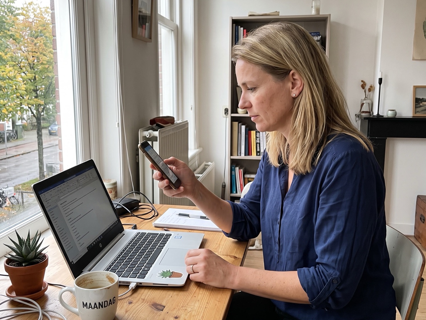 Zelfstandig ondernemer kijkt op haar telefoon terwijl haar laptop openstaat op tafel