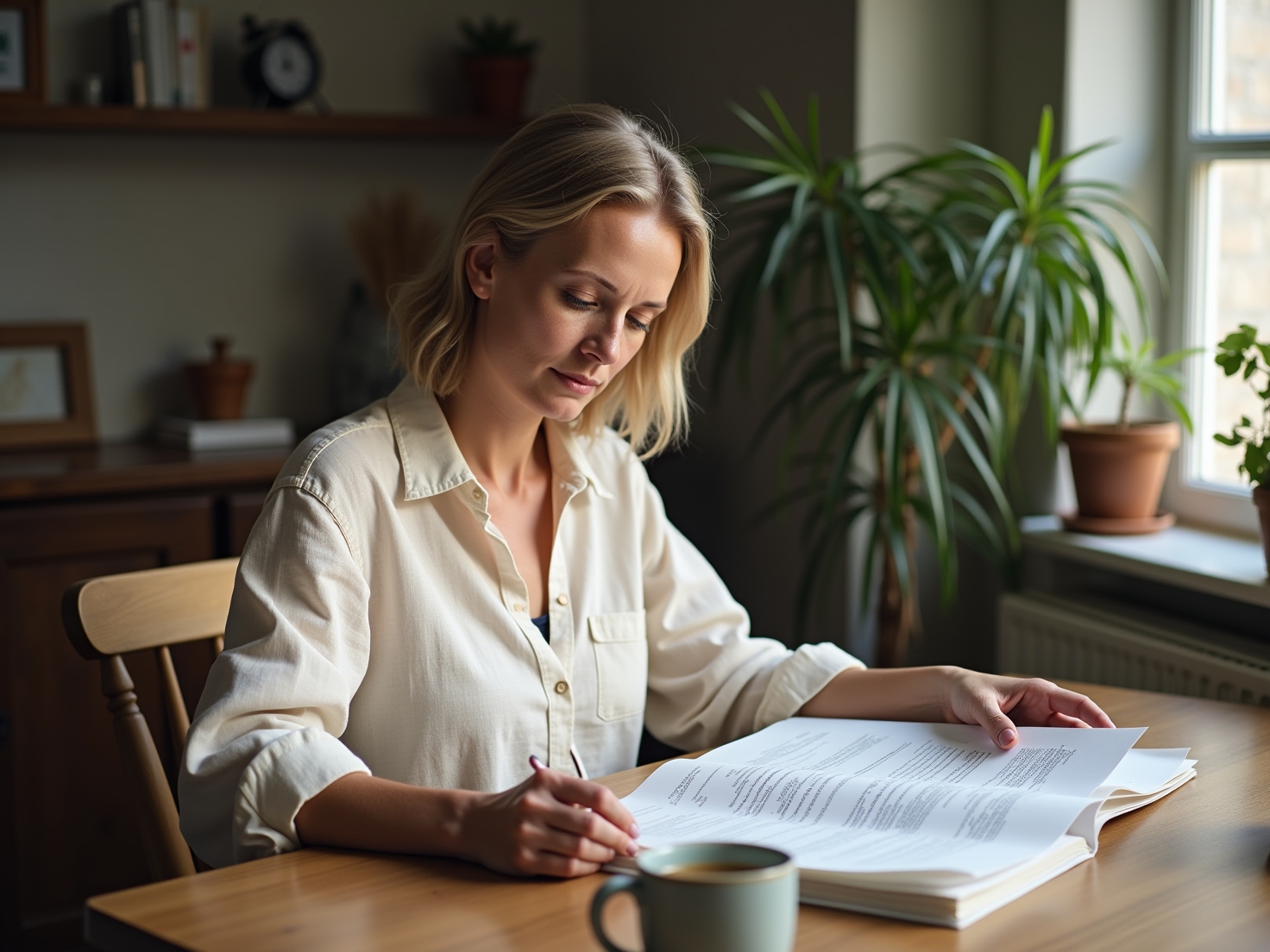 Nederlandse vrouw in de veertig bladert door een stapel uitgeprinte pagina's aan een houten bureau, middaglicht vanuit een raam, geconcentreerde blik