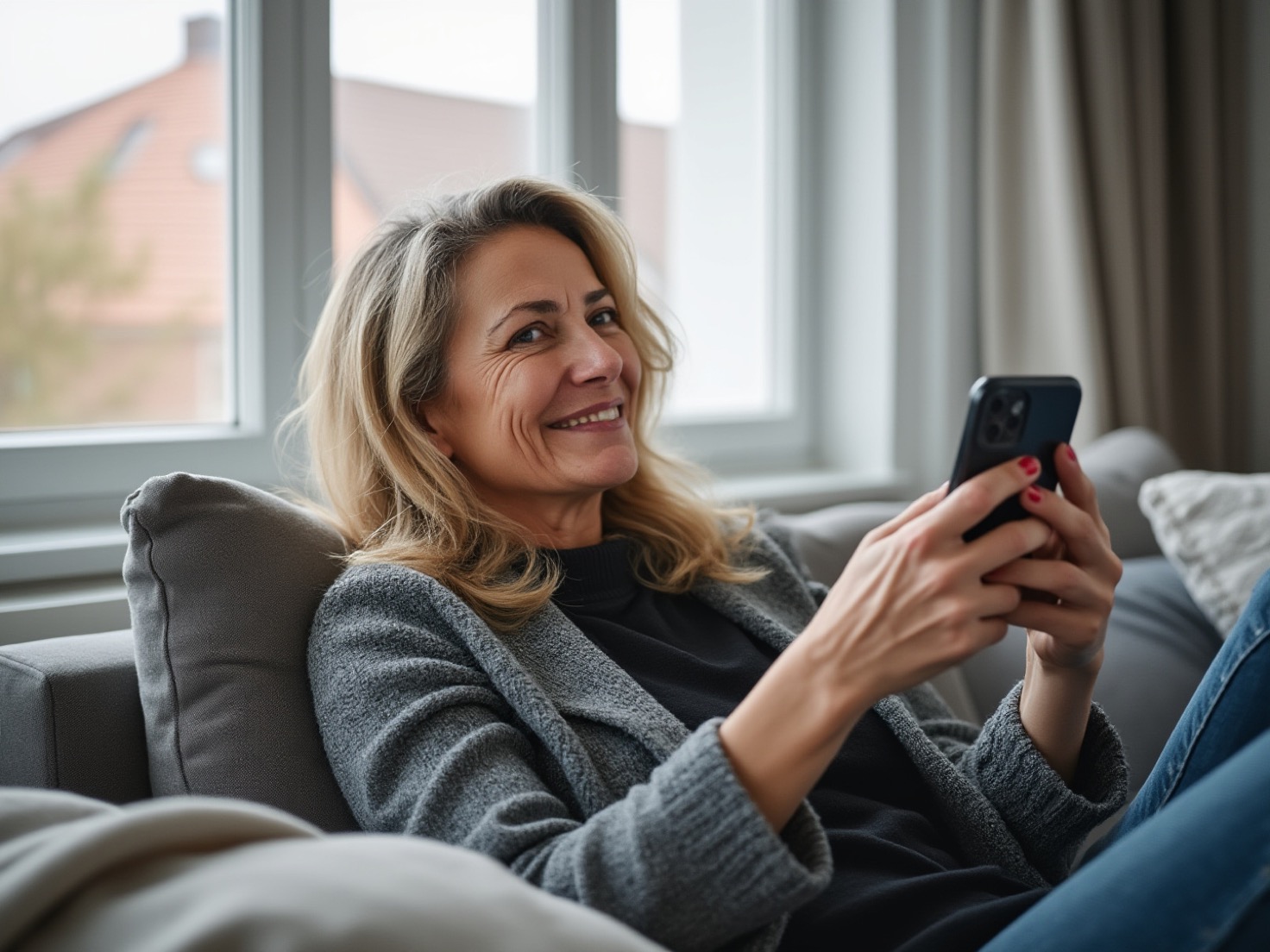 Vrouw van rond de 49 zit ontspannen op de bank met haar telefoon in de hand