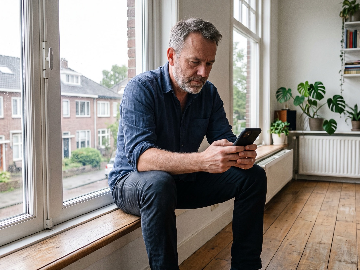 Ondernemer van in de vijftig zoekt op zijn telefoon naar zijn eigen bedrijfsnaam in Google