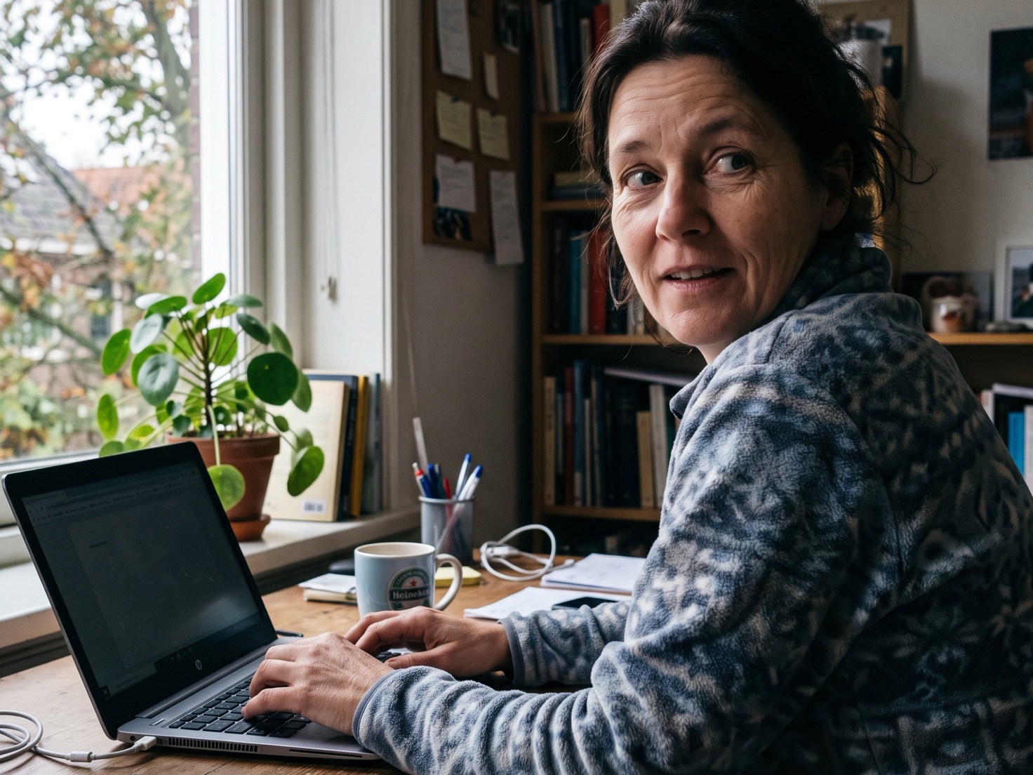Vrouw werkt aan laptop in haar thuiskantoor