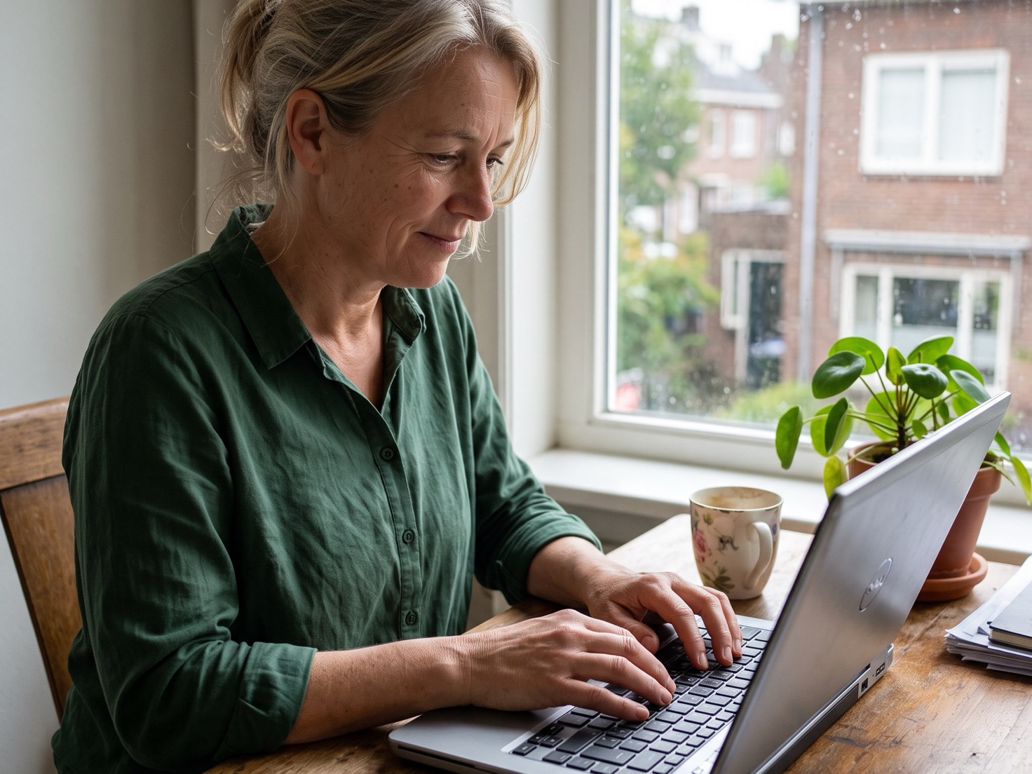 Vrouw werkt geconcentreerd achter haar laptop aan haar bureau bij het raam