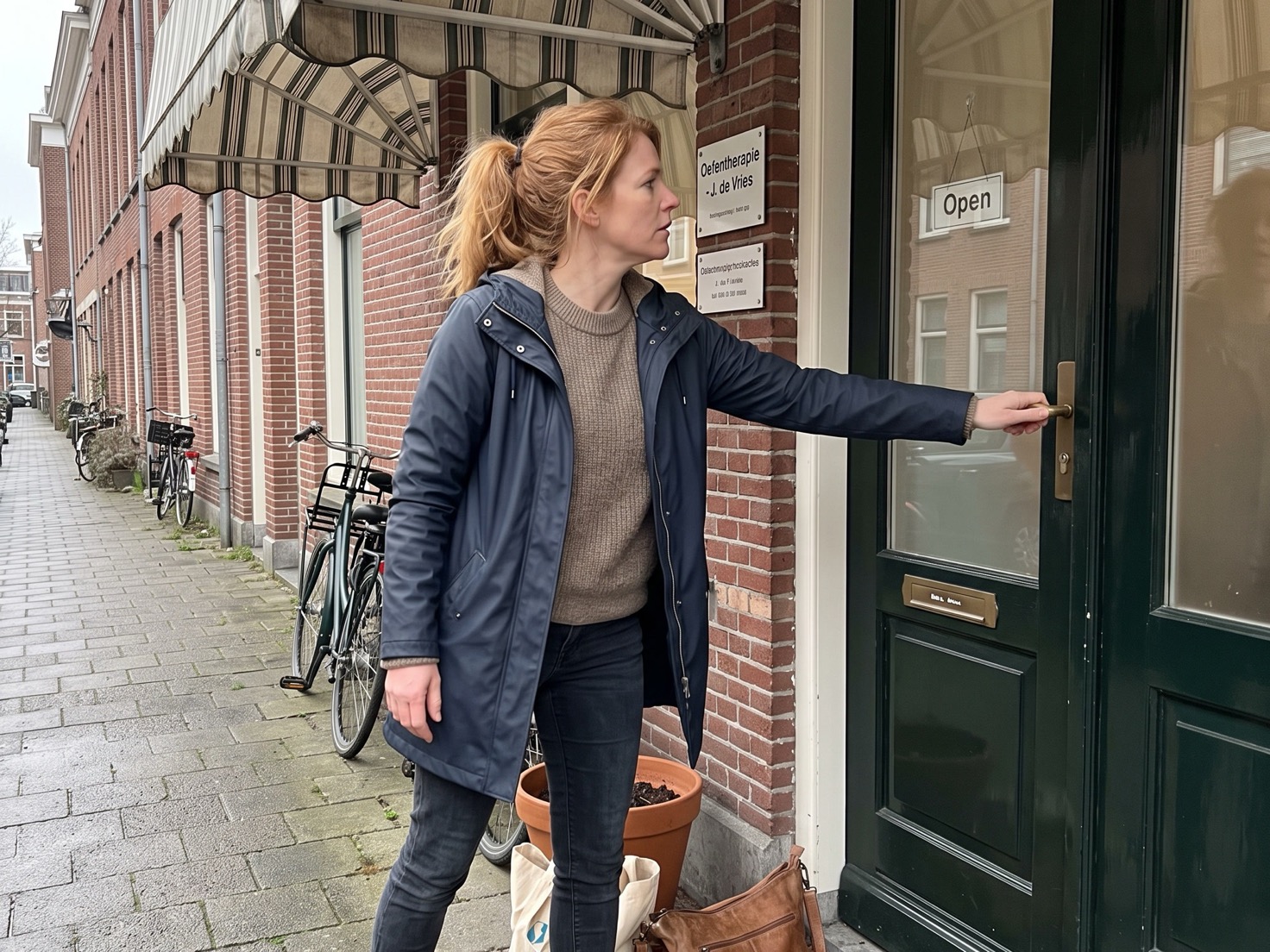 Vrouw met een tas onder de luifel van haar eigen praktijk, op weg naar binnen