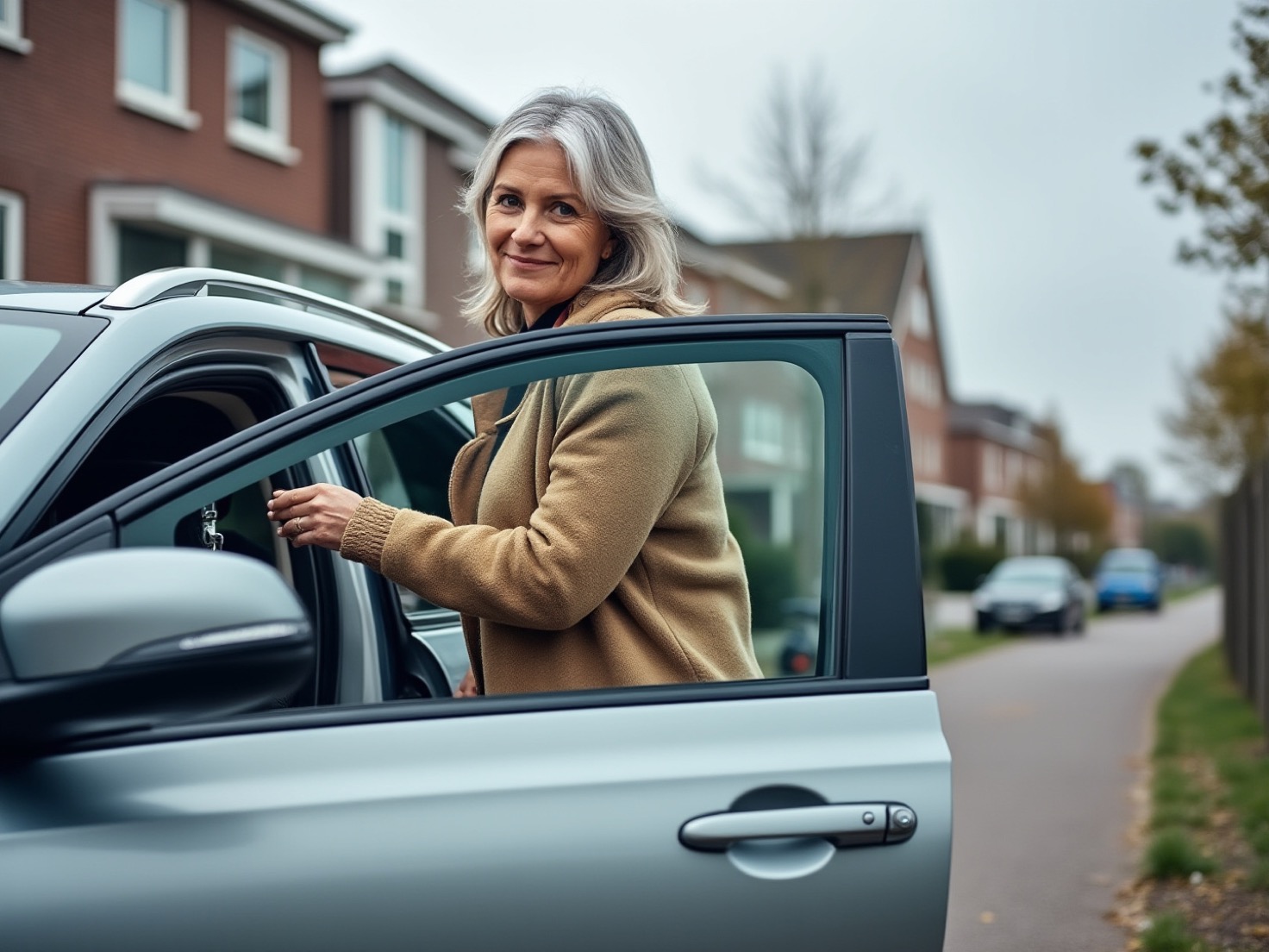 Vrouw van rond de 49 stapt uit een grijze auto voor een rij Nederlandse huizen