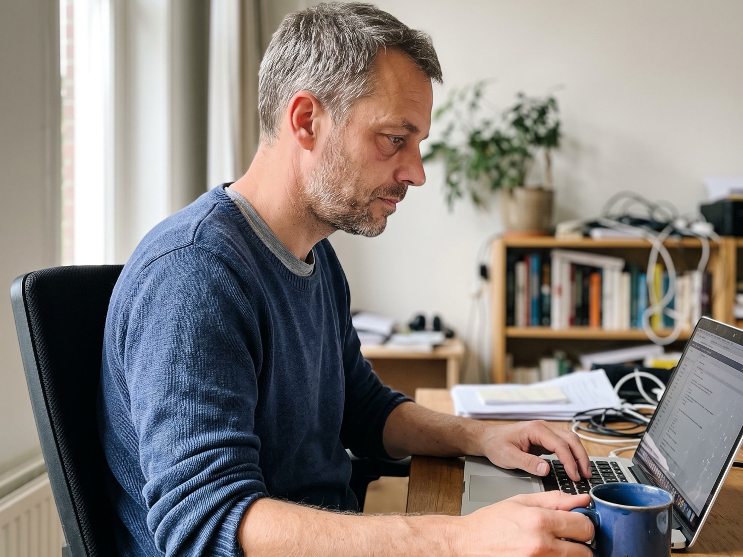 Solo-ondernemer zit vermoeid achter zijn laptop met een koffiemok