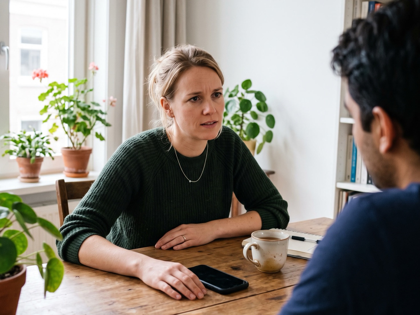 Ondernemer in gesprek aan de keukentafel, telefoon omgekeerd naast haar hand
