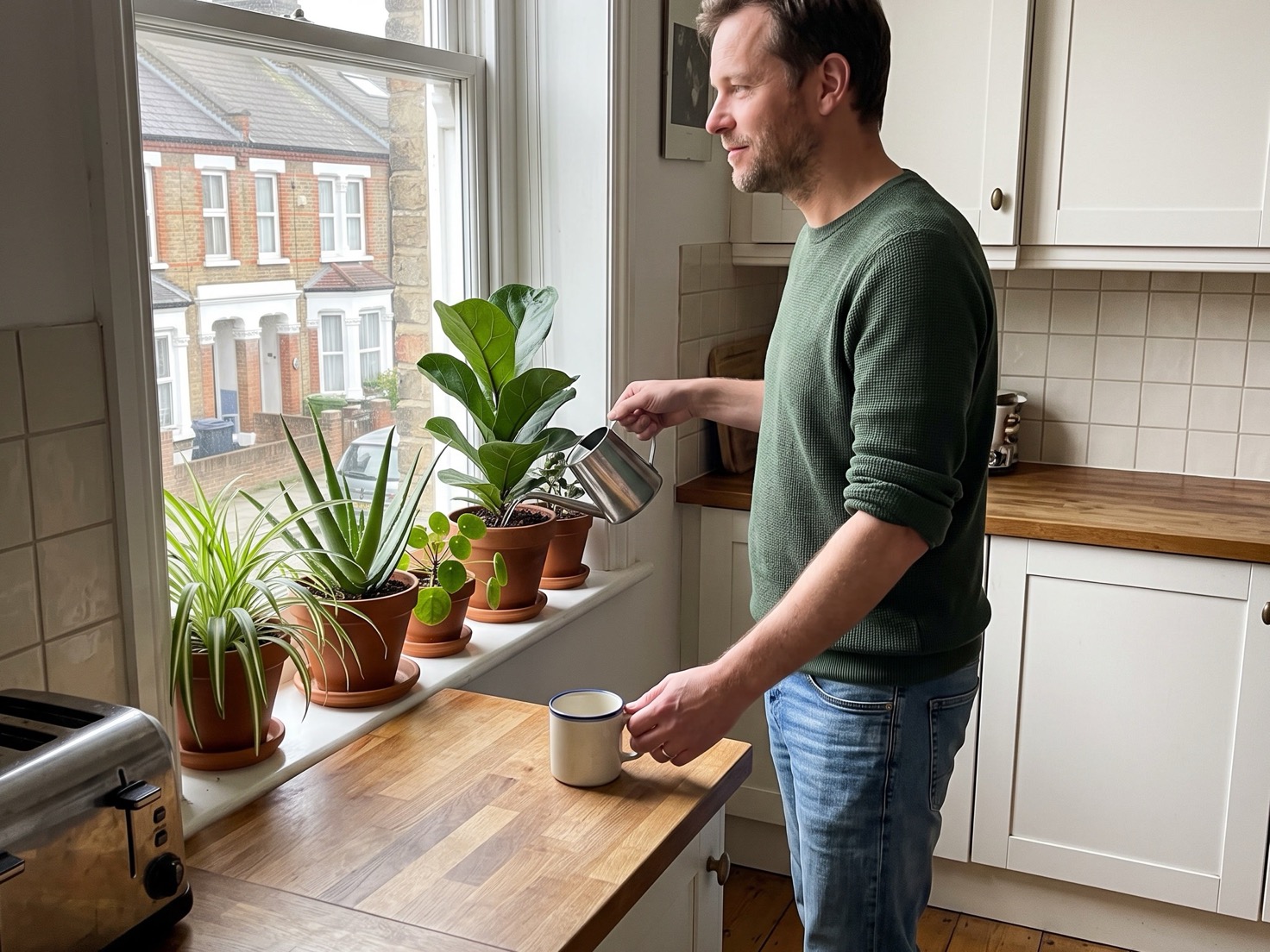 Man van in de veertig zet een mok op het aanrecht en geeft een plant water in zijn keuken
