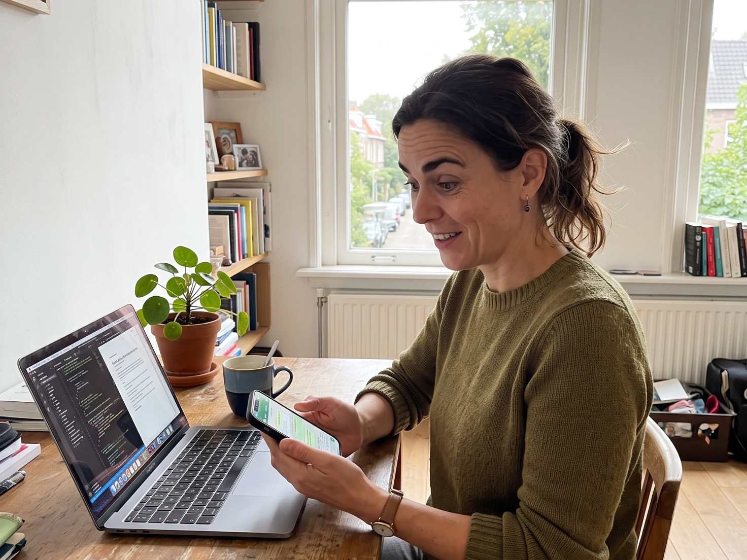 Vrouw kijkt verrast naar haar telefoon aan haar werktafel