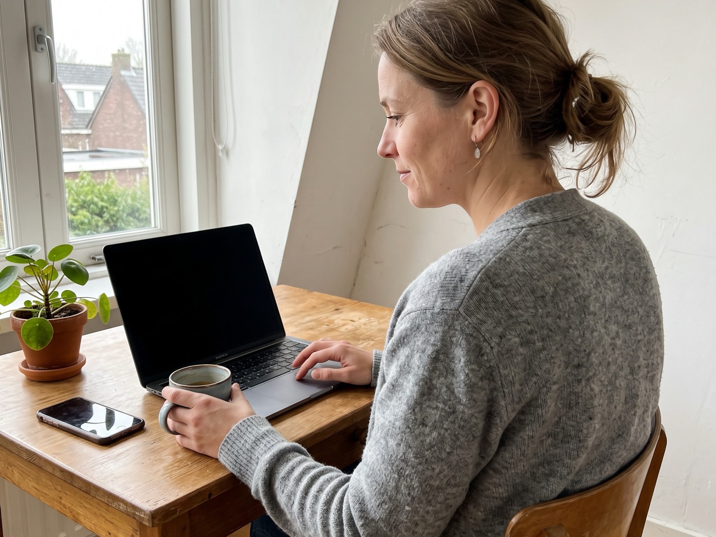 Vrouw werkt geconcentreerd achter haar laptop aan de keukentafel thuis