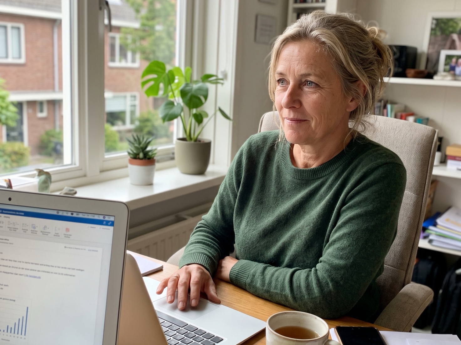 Vrouw kijkt rustig na aan haar laptop in haar werkkamer