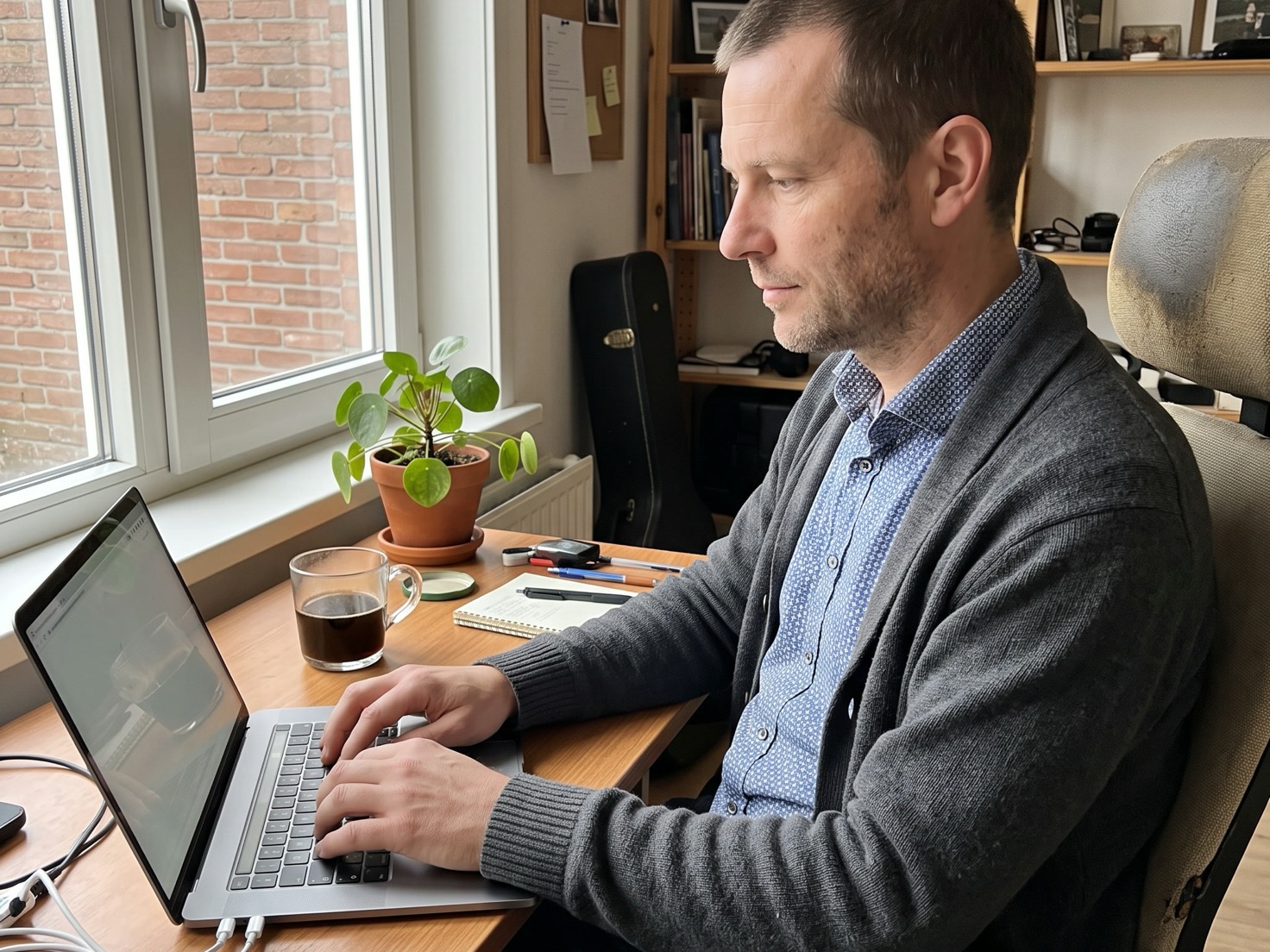 Solo-ondernemer noteert contactgegevens van netwerkcontacten aan zijn bureau thuis