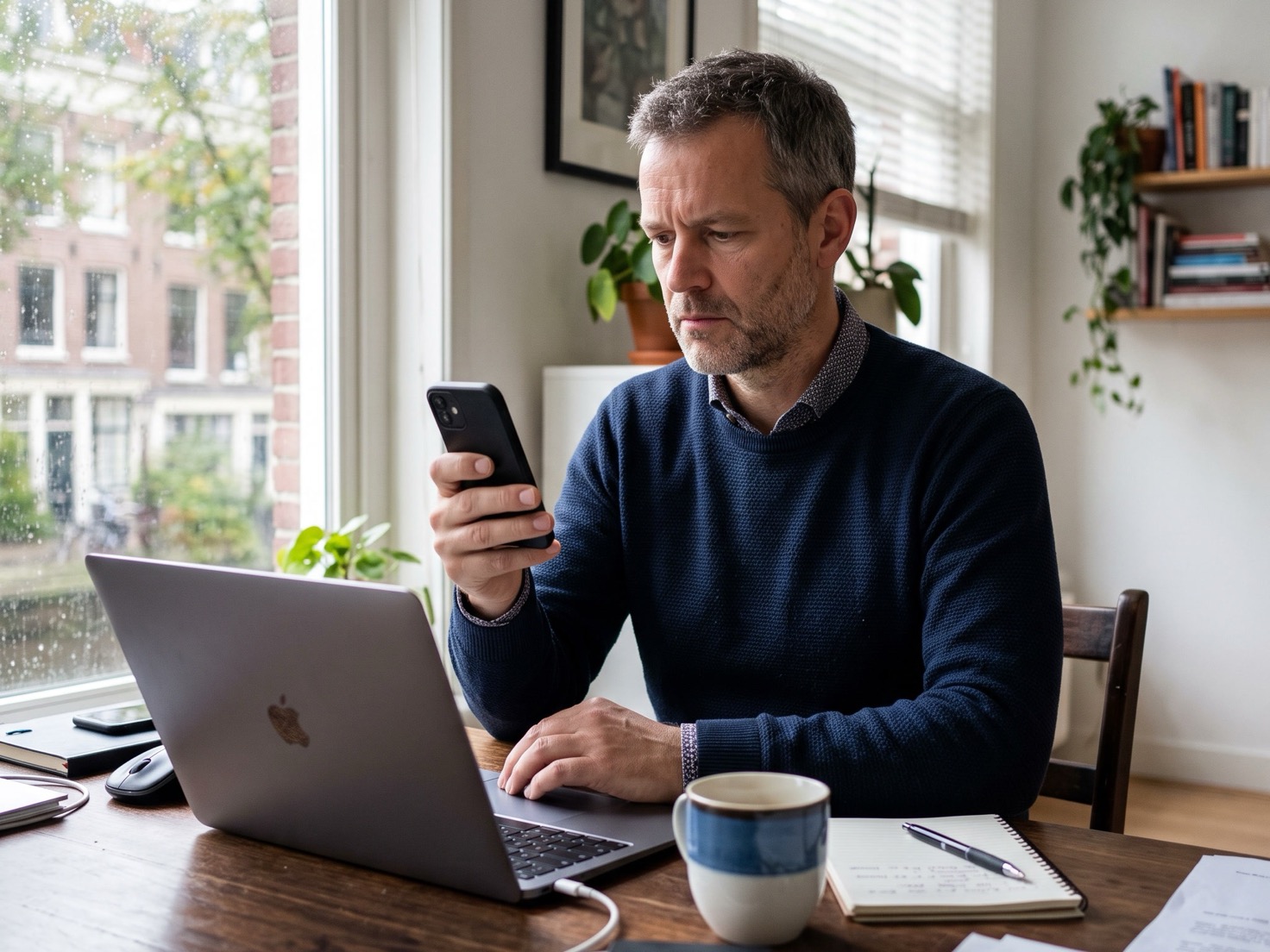 Solo-ondernemer kijkt nadenkend naar zijn telefoon aan zijn werktafel, laptop ernaast
