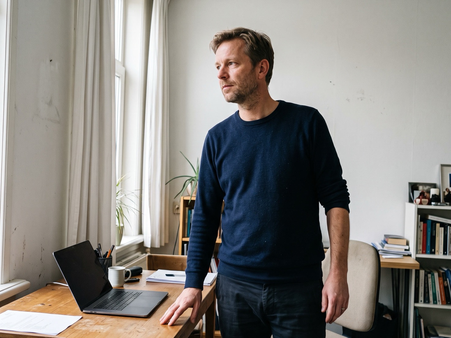 Solo-ondernemer klapt zijn laptop dicht in zijn thuiskantoor na het versturen van zijn maandelijkse nieuwsbrief