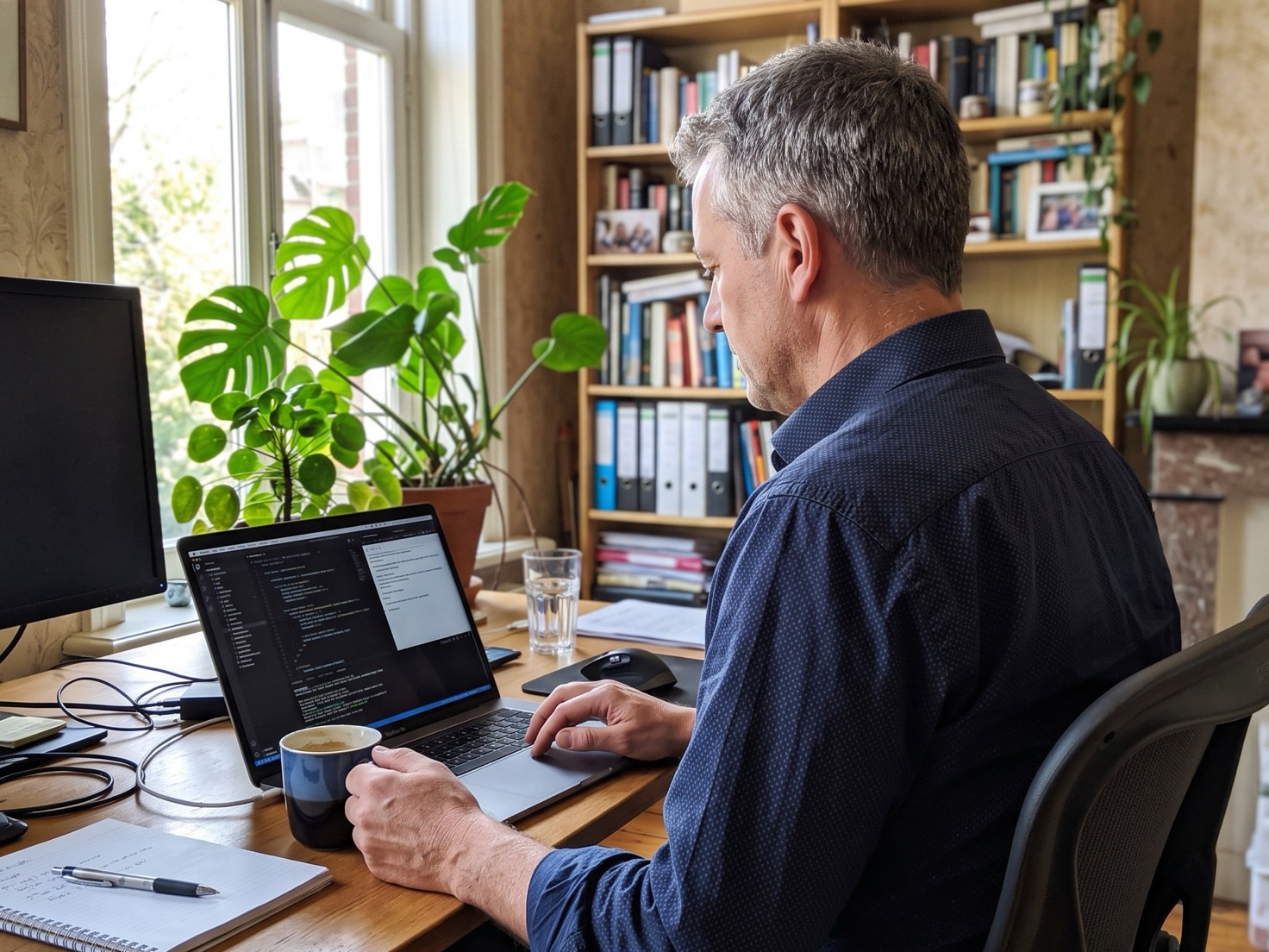 Man werkt aan zijn laptop in zijn thuiswerkkamer met een kop koffie