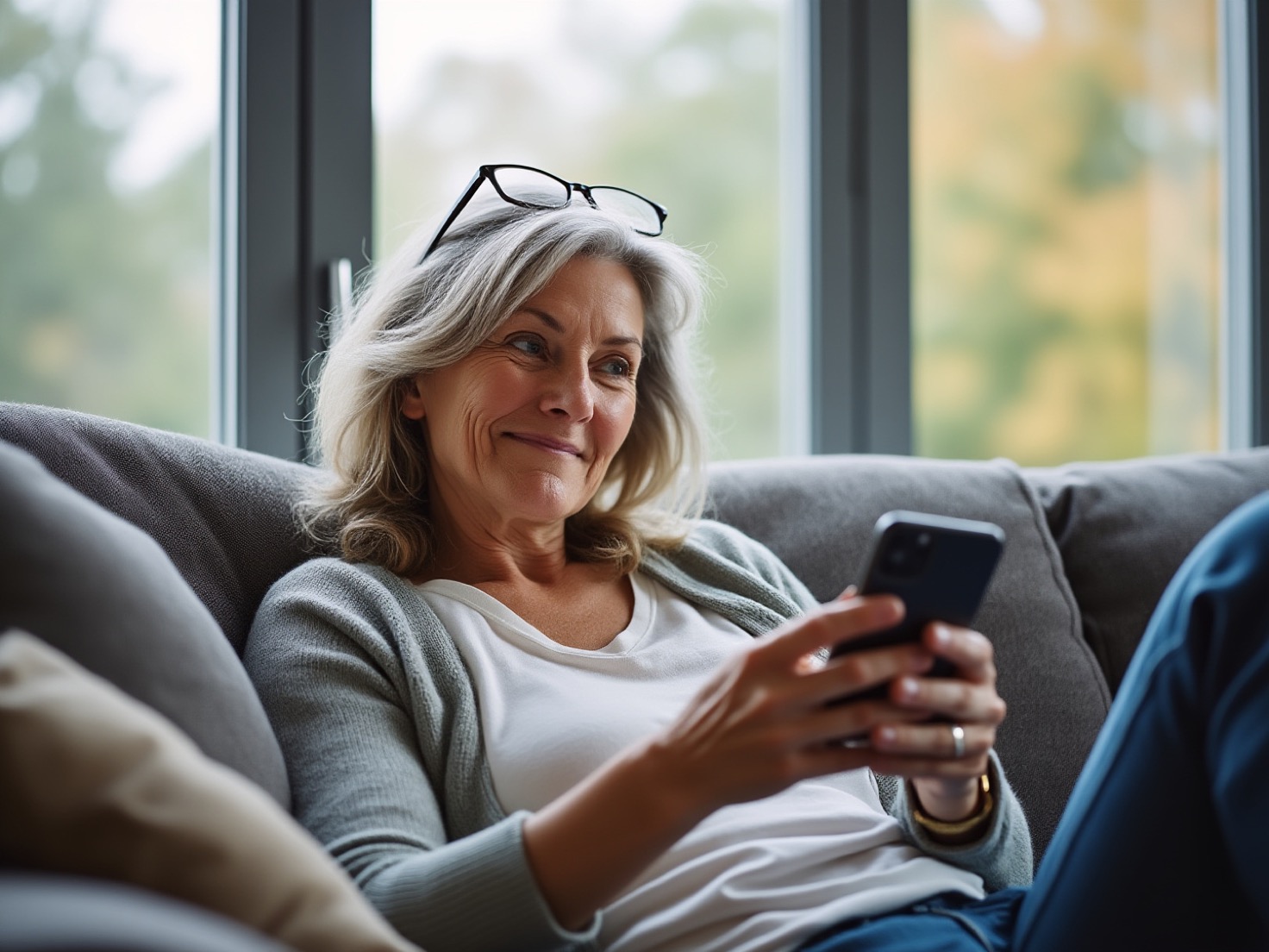 Vrouw van rond de 57 leest ontspannen iets op haar telefoon op de bank in haar woonkamer