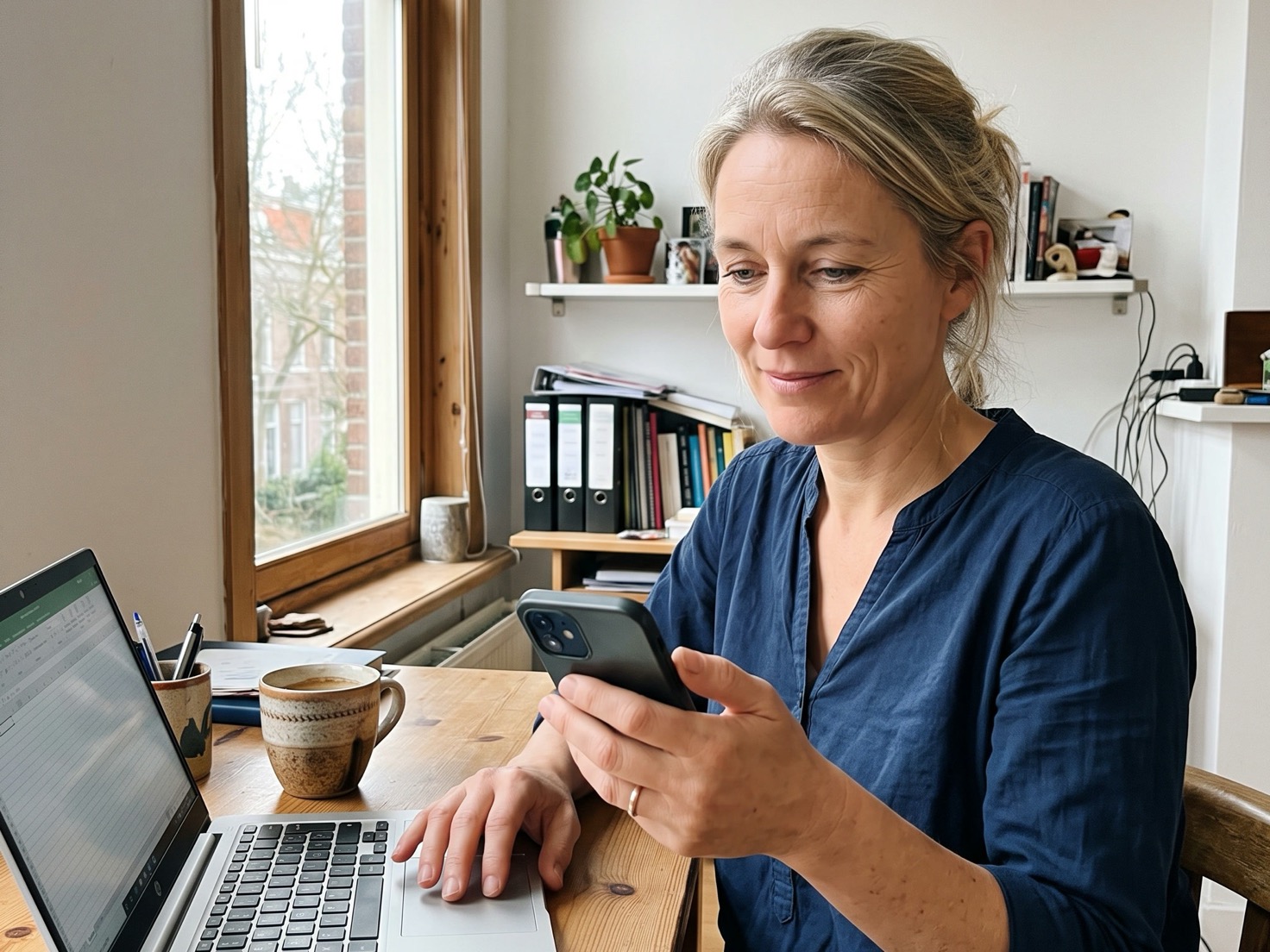 Vrouw leest aandachtig iets op haar telefoon naast haar open laptop