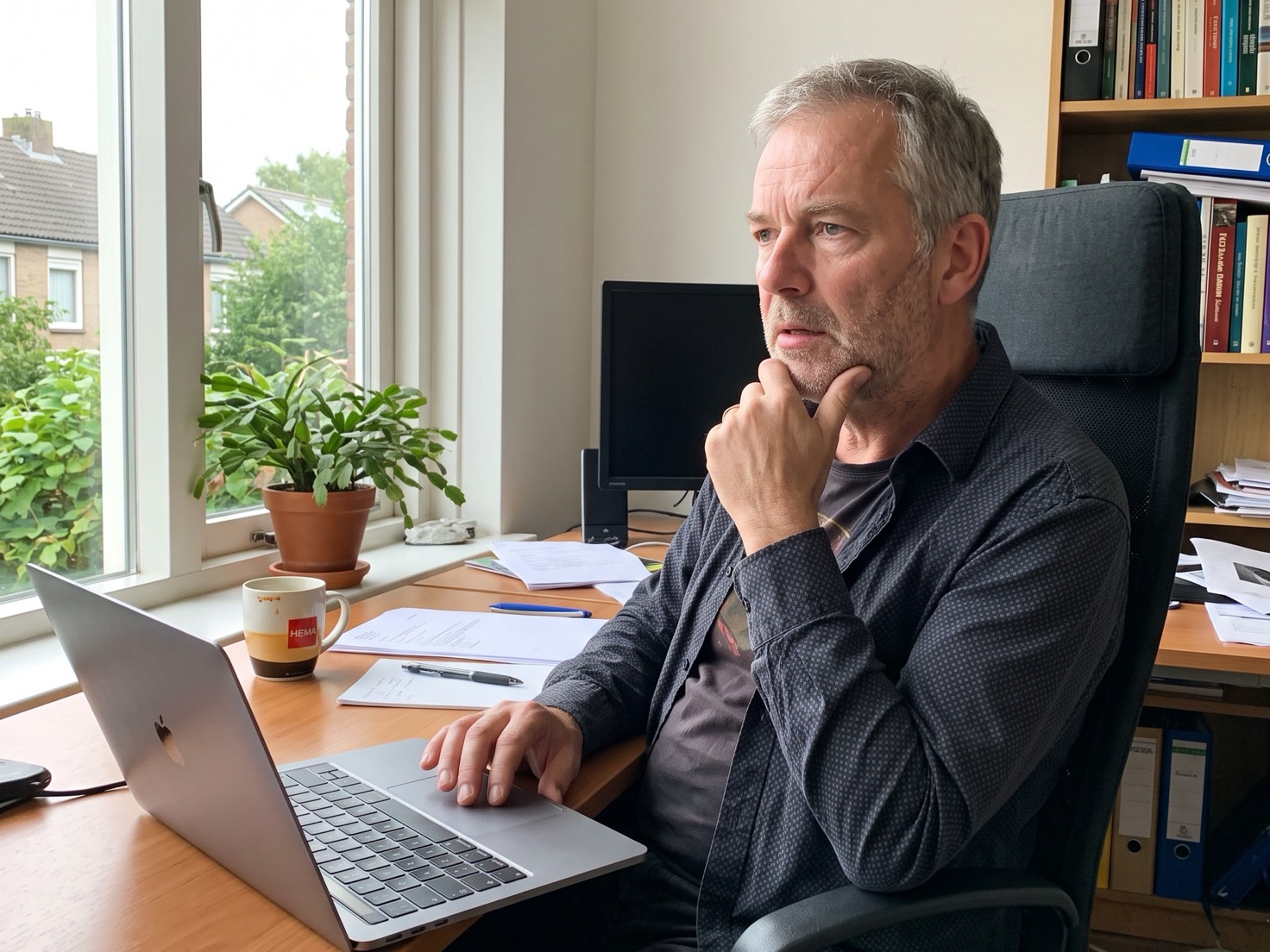 Ondernemer twijfelt achter zijn laptop thuis over een Engelstalige blog naast zijn Nederlandse website