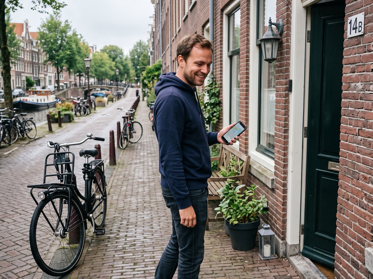 Ondernemer staat met zijn telefoon in de hand op de stoep voor zijn pand