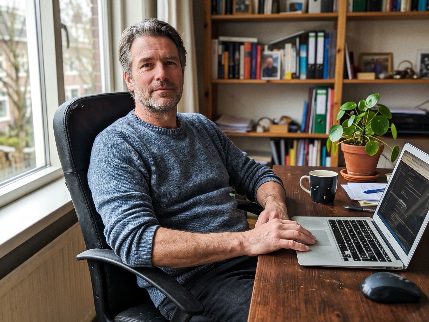 Zelfstandig ondernemer leunt achterover achter zijn laptop in een rustig thuiskantoor
