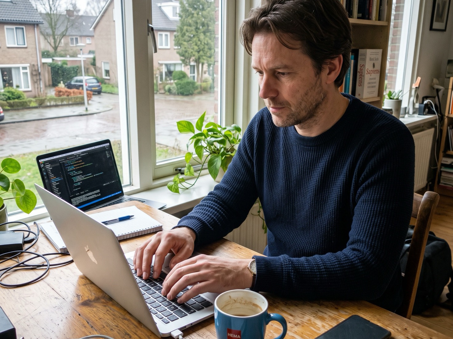 Solo-ondernemer werkt geconcentreerd achter zijn laptop aan het bureau bij het raam