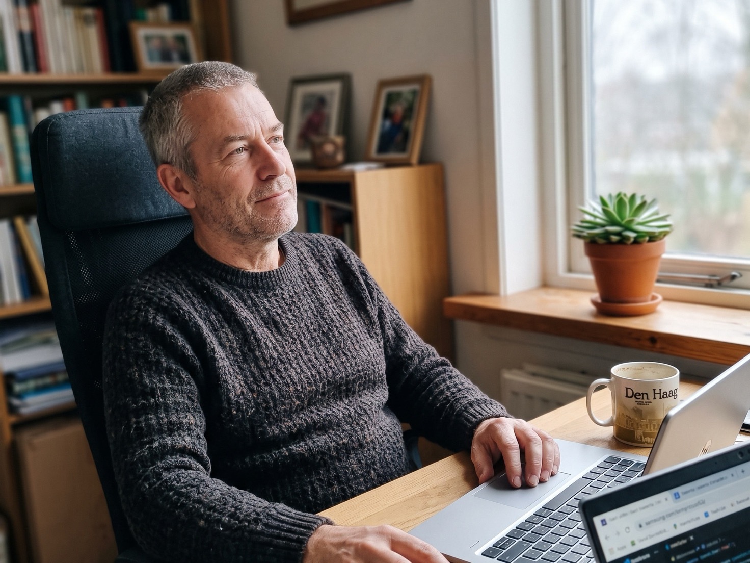 Solo-ondernemer overlegt thuis achter zijn laptop over het inhuren van een freelancer