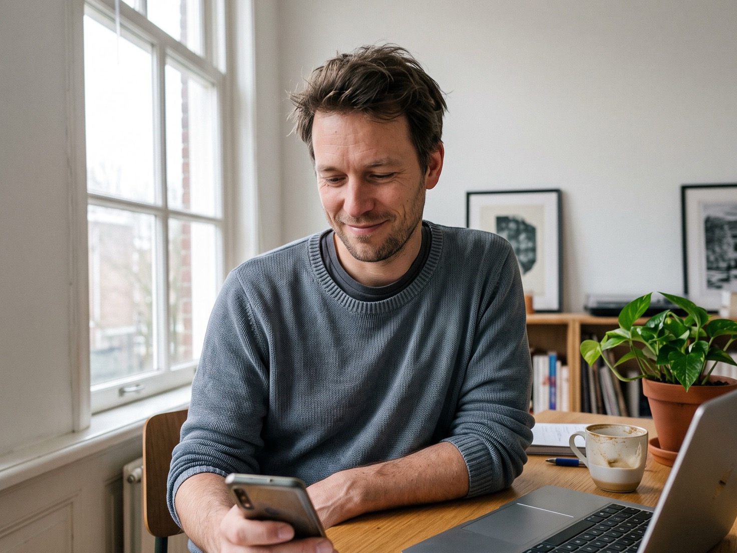 Man kijkt op zijn telefoon aan zijn bureau na een gastoptreden