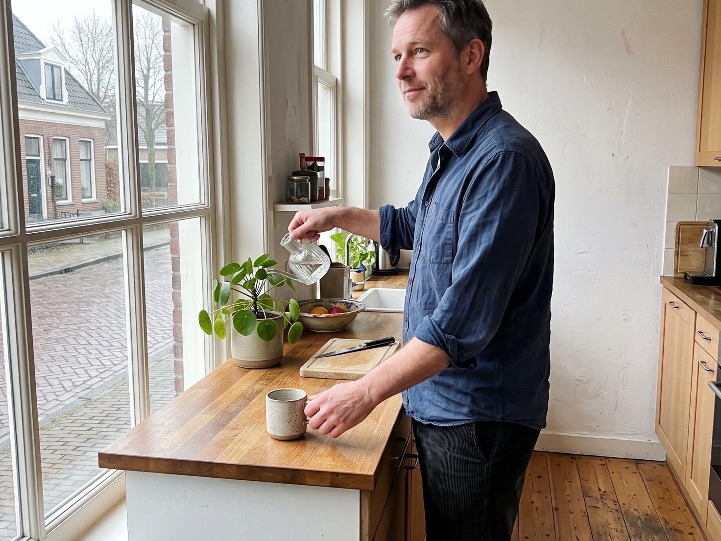 Ondernemer zet een mok weg in de keuken en geeft een plant water