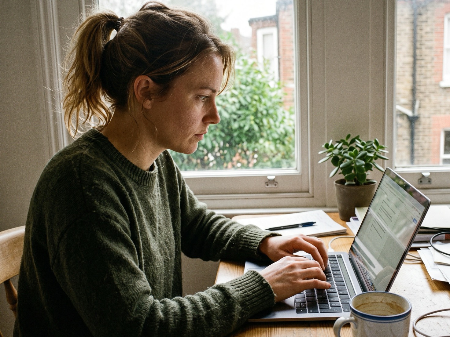 Vrouw werkt geconcentreerd aan laptop bij het raam