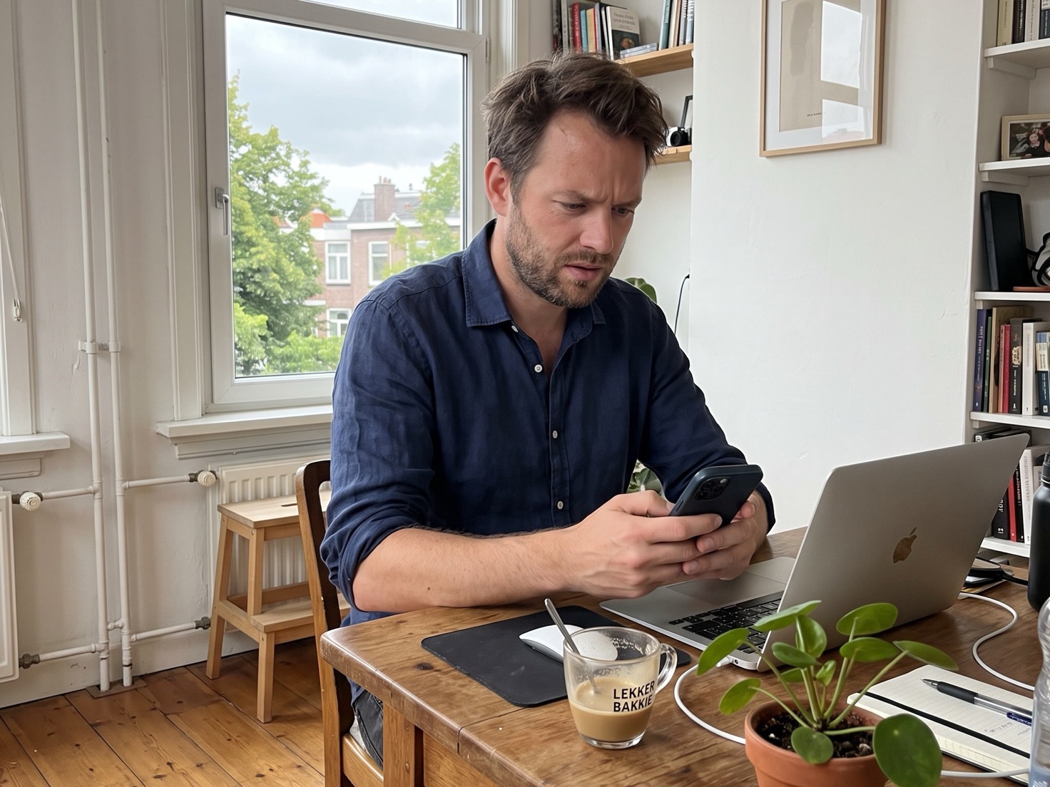 Ondernemer bekijkt zijn telefoon aan zijn bureau terwijl hij twijfelt over een gratis proefperiode