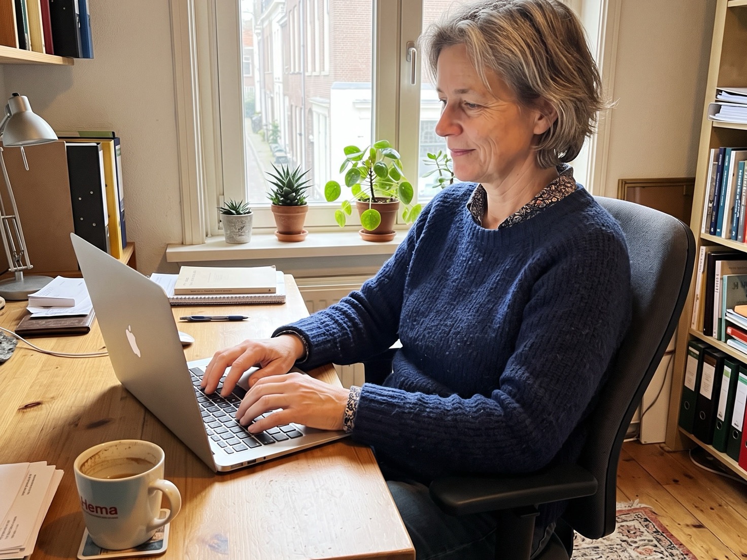 Vrouw werkt rustig achter haar laptop aan haar bureau thuis