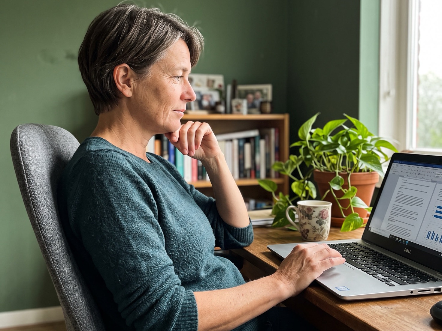 Vrouw van middelbare leeftijd werkt achter een laptop in haar thuiskantoor