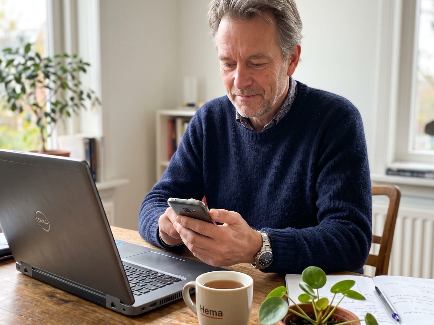 Solo-ondernemer kijkt twijfelend naar zijn telefoon naast een open laptop aan zijn werktafel