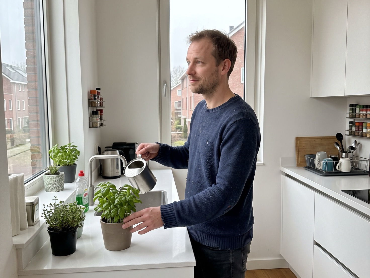 Man geeft een plant water bij het aanrecht en kijkt even peinzend naar buiten