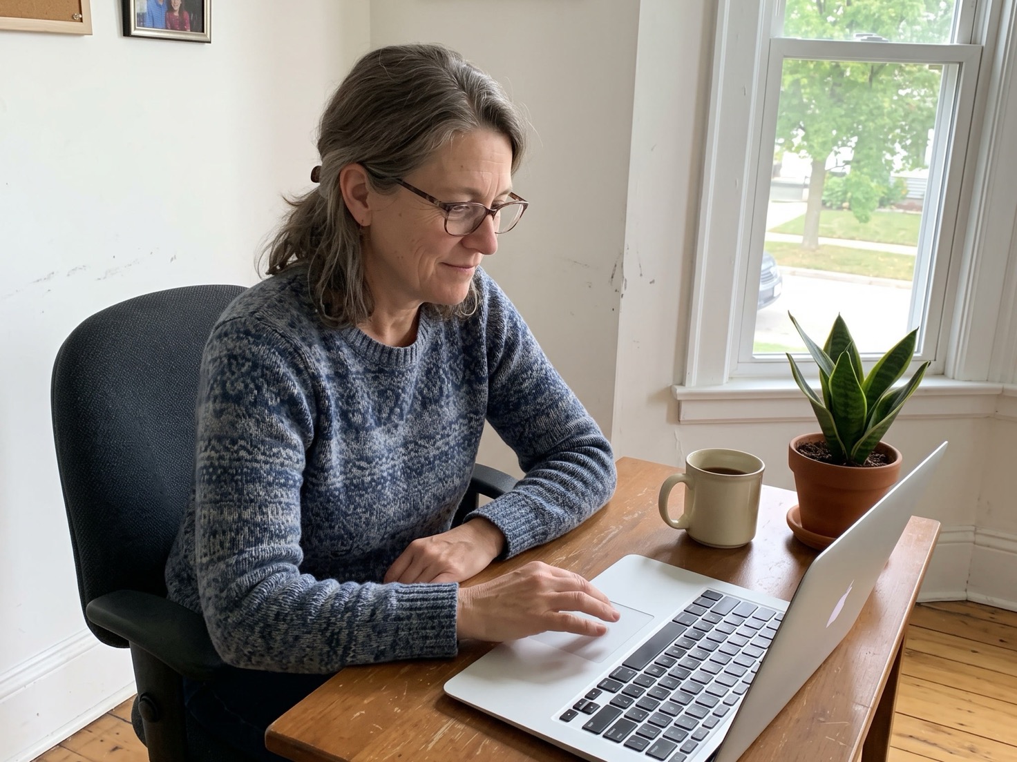 Vrouw controleert achter haar laptop of haar website goed scoort in Google