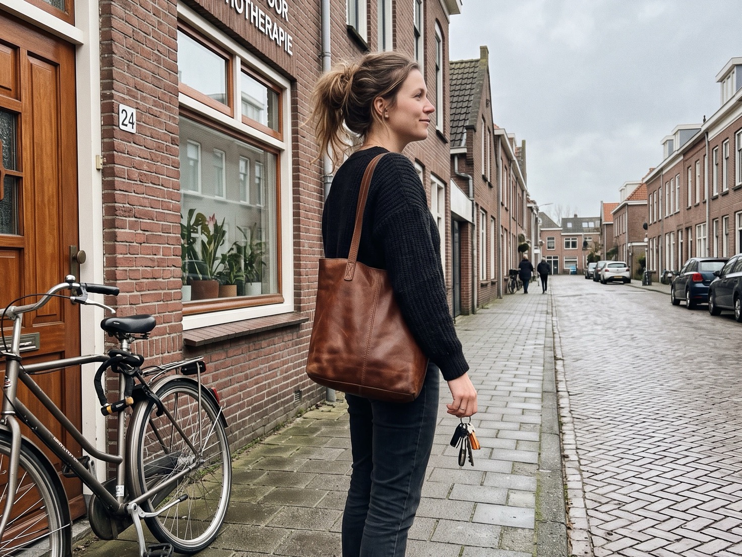Vrouw met een tas over haar schouder voor de deur van haar praktijkpand in een Nederlandse straat