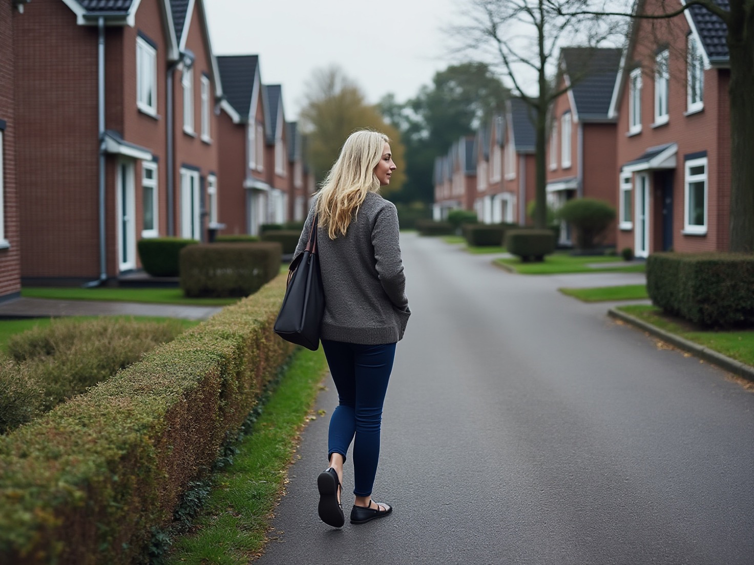 Vrouw van middelbare leeftijd loopt door een rustige Nederlandse woonstraat met rijtjeshuizen