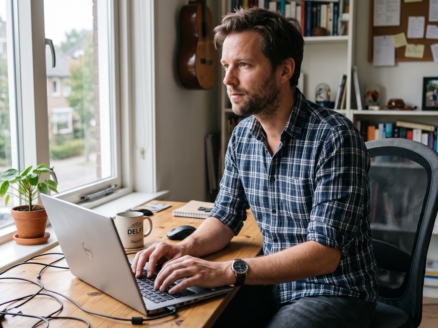 Zelfstandig ondernemer werkt geconcentreerd achter zijn laptop thuis