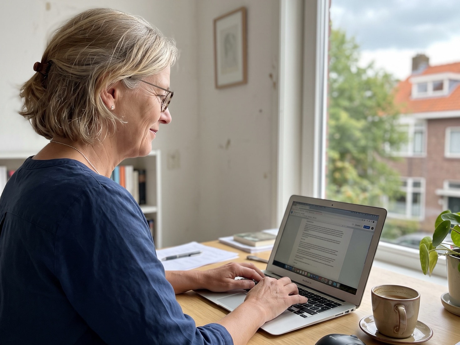 Vrouw van middelbare leeftijd kijkt aandachtig naar haar laptopscherm aan haar bureau thuis