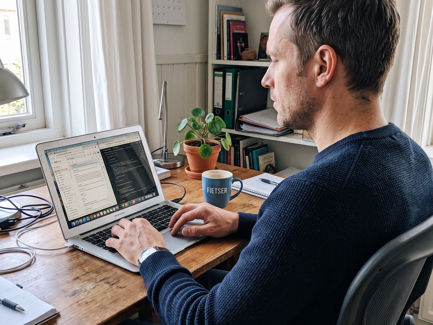 Man denkt na aan zijn bureau over het verlengen van een jaarcontract