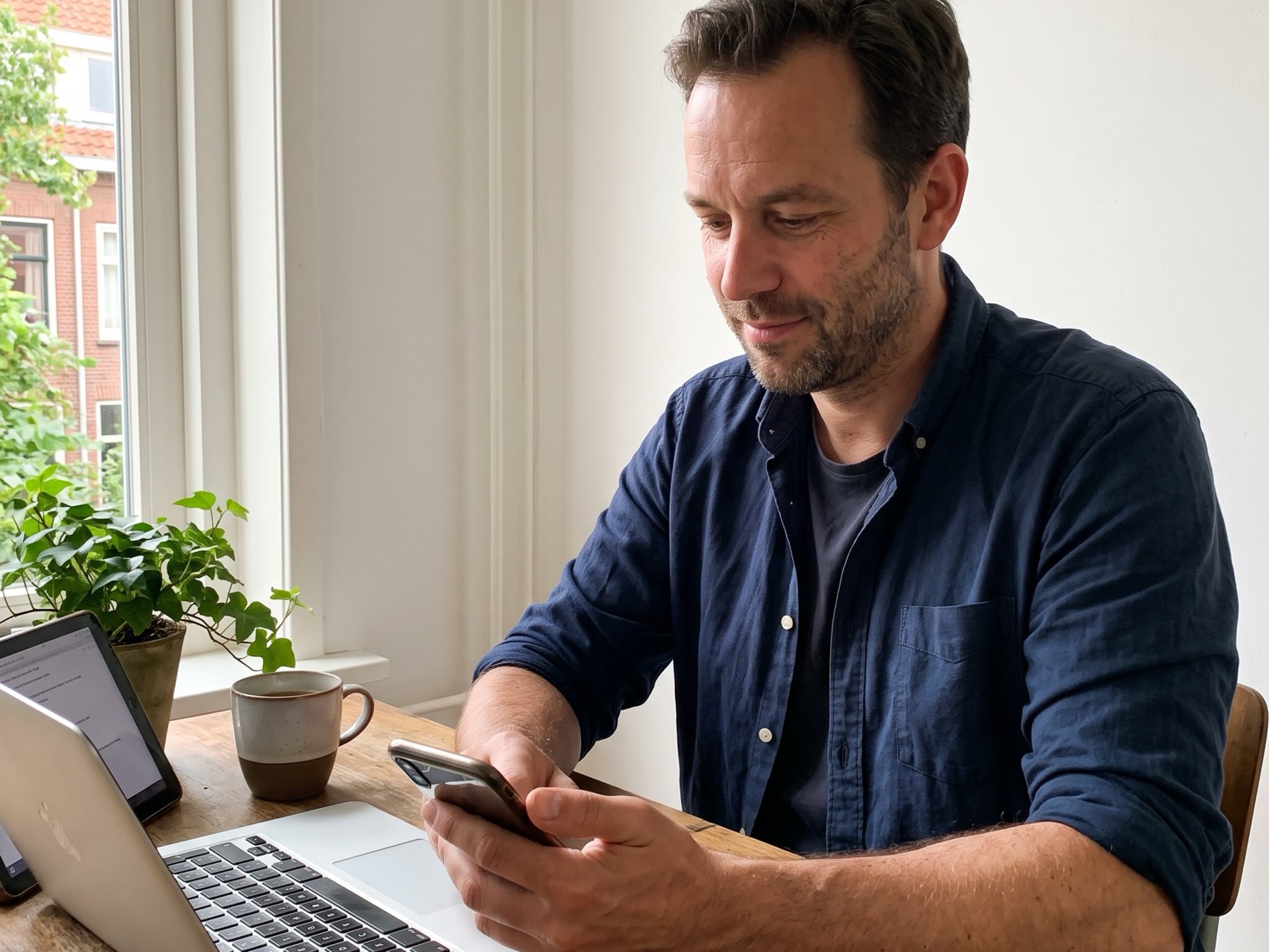 Een zelfstandig ondernemer bekijkt rustig zijn telefoon aan zijn werktafel, met een laptop ernaast